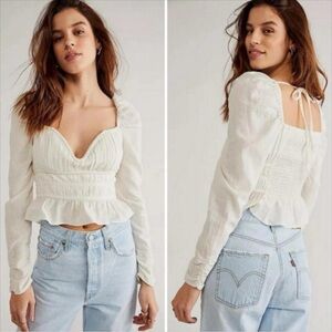 NEW Free People Top Womens Small White Cropped Smocked Peasant Coquette Fairy